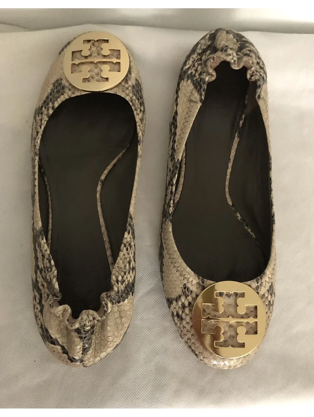 Tory Burch Minnie Travel Flats Snake Print Leather Gold Logo Size 8 - 8.5 EUC